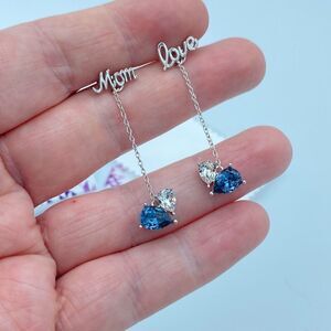 I Love You Mom Sterling Silver Simulated Sapphire Drop Earrings